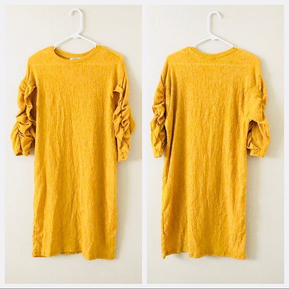 Zara Dresses & Skirts - Zara Midi Dress Women size Medium Mustard Yellow Scrunch Long Sleeve Tunic Dress